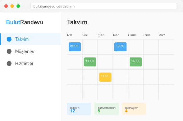 Bulut Randevu Dashboard - En iyi randevu programı arayüzü ile online randevu yönetimi, SMS hatırlatma, müşteri takibi ve gelişmiş raporlama özellikleri