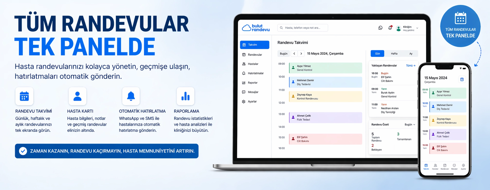 Klinik ve muayenehane için hasta takip programı — hasta kartı, randevu geçmişi ve iletişim tek panelde